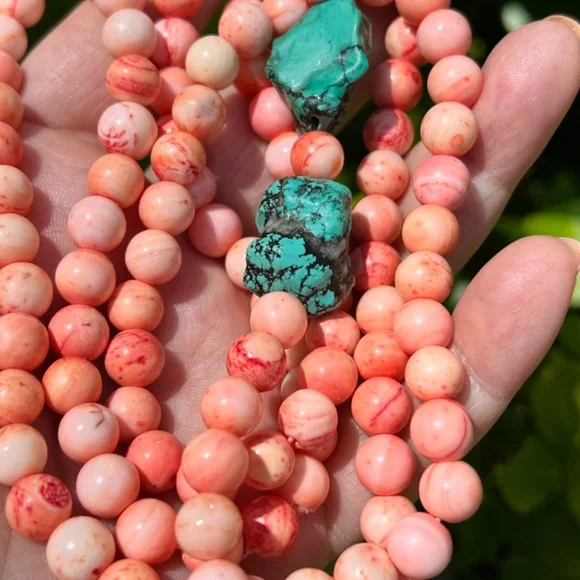 VINTAGE ANGEL SKIN CORAL &LARGE TURQUOISE BEADS LONG NECKLACE UNIQUE COLOR COMBO